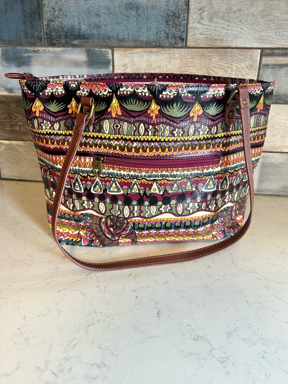 Sakroots Metro Tote Burgundy Faux Suede & Multicolor Pattern Shoulder Bag - Picture 3 of 16